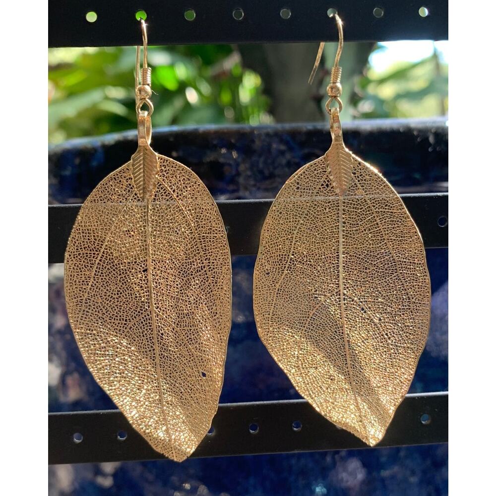 Gold Dipped Long Leaf Earrings - image 1